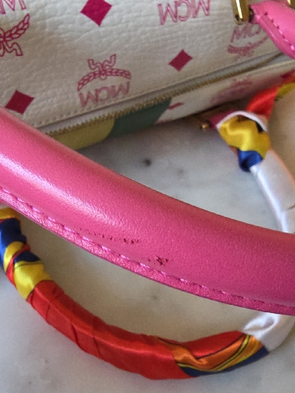 MCM Princess Lion White Satchel with Pink Handles & Trim W/ Gold Hardware - Picture 13 of 14